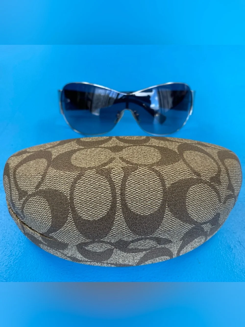 Coach Women’s Blue Gradient Shield Sunglasses with Gold Trim - Picture 3 of 10